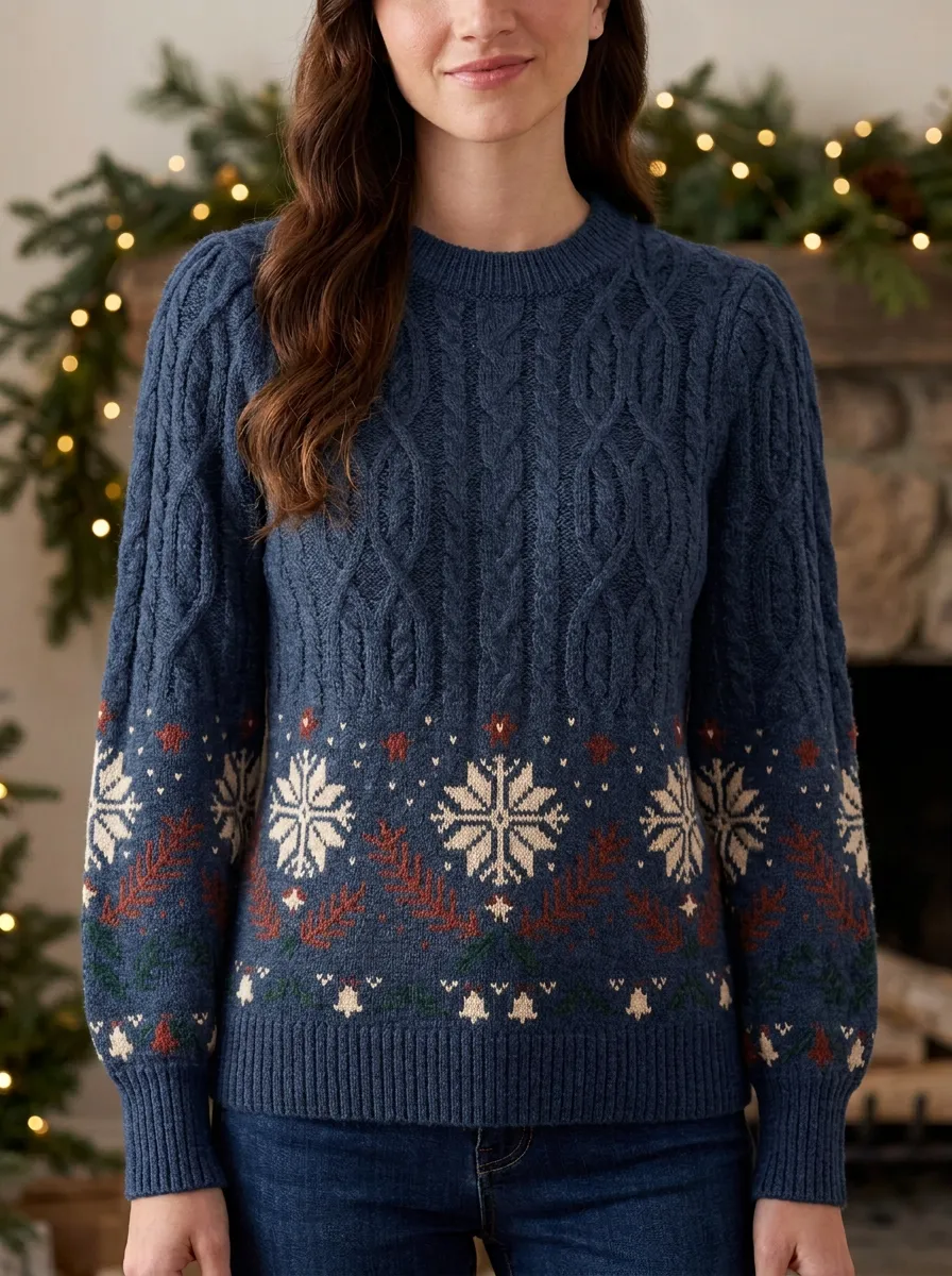 Christmas Holiday Snowflake Pattern Print Cable Knit Sweater