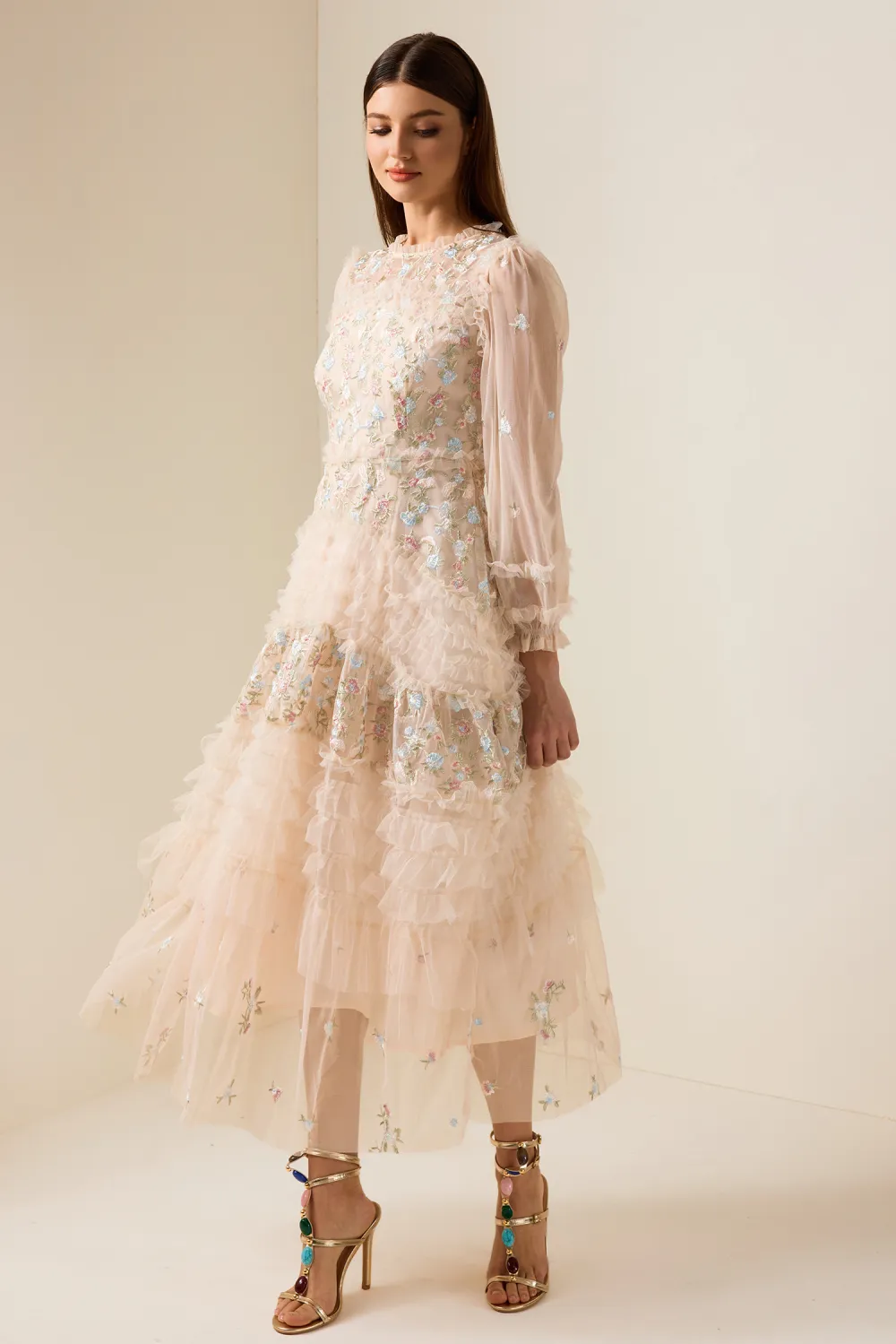 Mesh Embroidered Frill Midi Dress