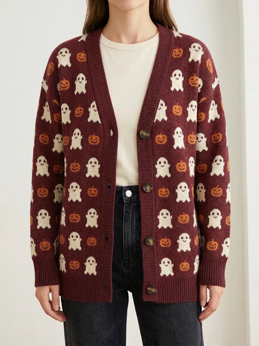 Women's Whimsical Ghost Pumpkin Halloween Knit Cardigan