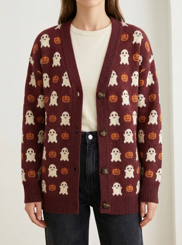 Women's Whimsical Ghost Pumpkin Halloween Knit Cardigan