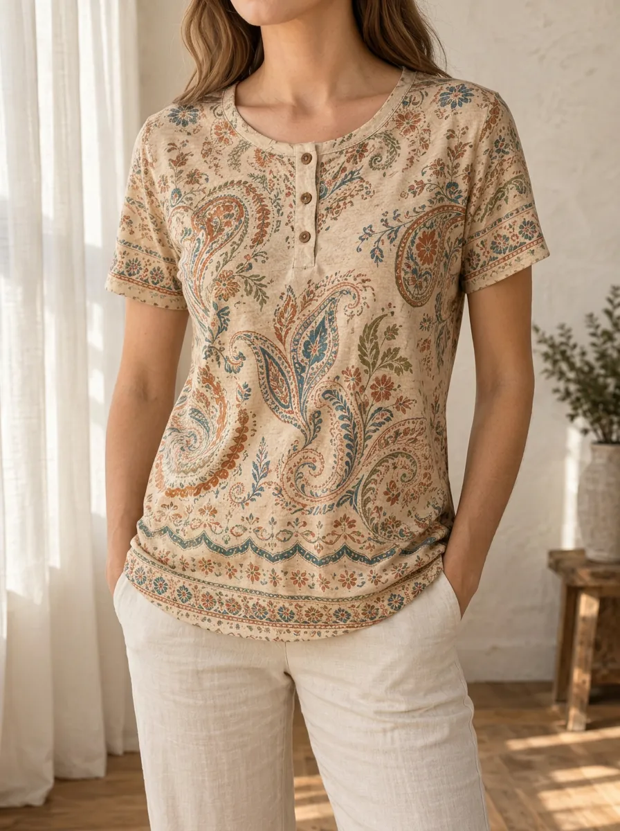 Women's Artful Boho Paisley Floral Henley T-Shirt