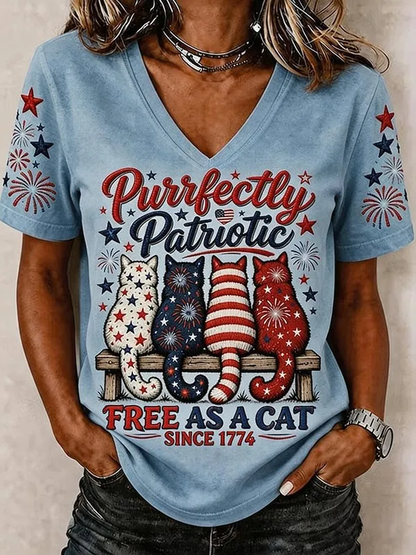 Women'S 250Th Anniversary Cat Printed V-Neck T-Shirt