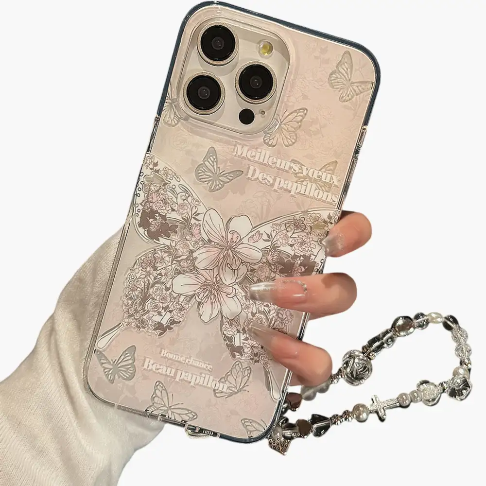 Floral Butterfly Wrist Strap Beaded Wristlet Phone Case