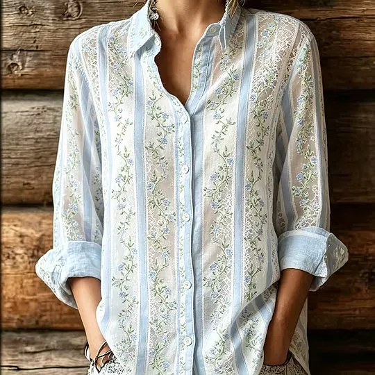 Plant Flower Stripe Pattern Design For Casual Linen Shirt