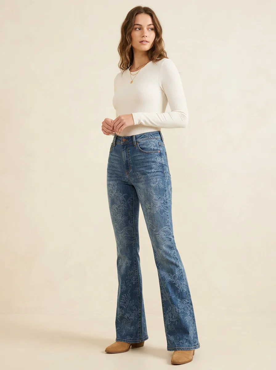 Women's Vintage Floral Paisley Printed High-Waisted Flare Jeans