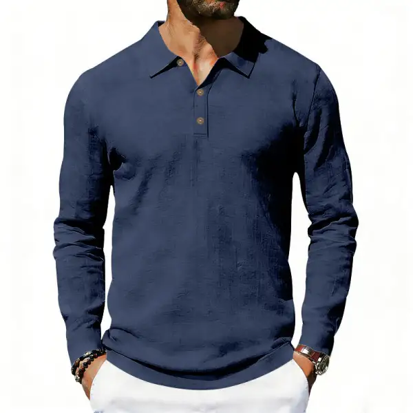 Men's Long-Sleeve Polo Shirt Cotton Gauze With A Shirt Collar Three-button Placket And Relaxed Fit
