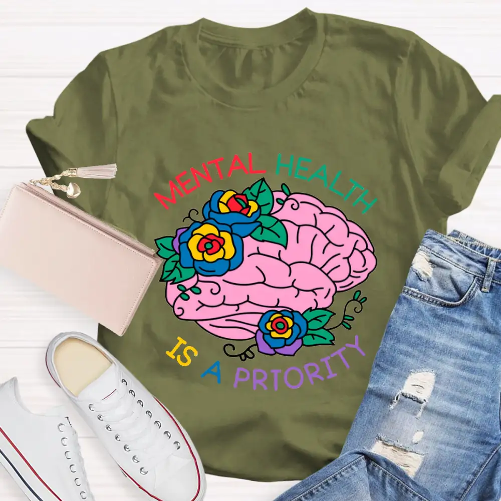 Mental Health Is A Priority Floral Brain T-Shirt
