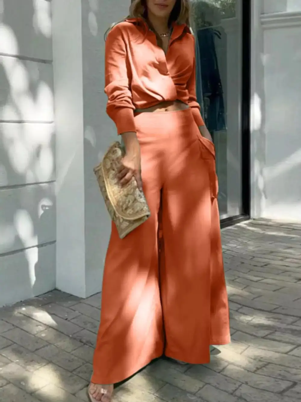 Long Sleeve Shirt Wide Leg Pants Set