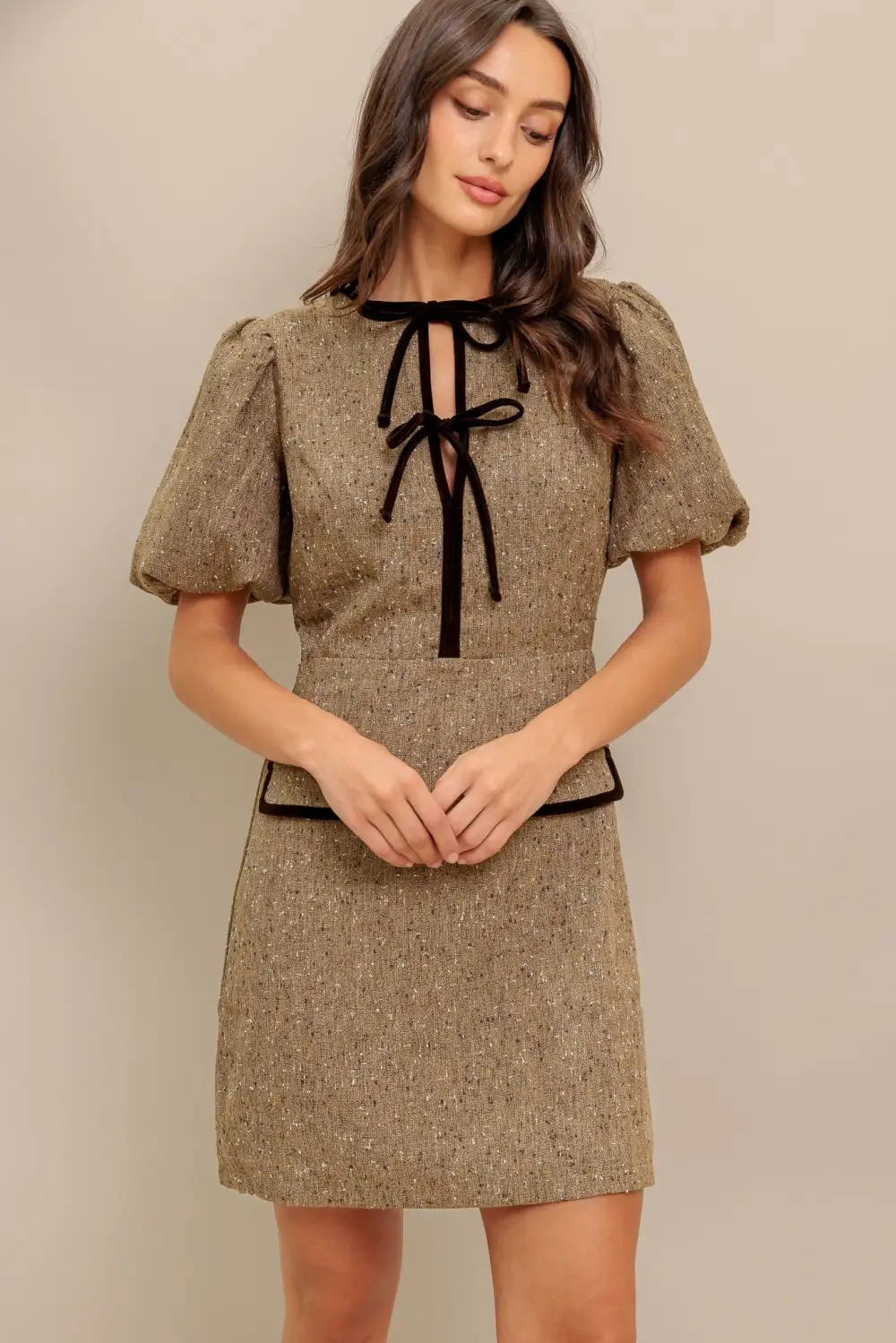 Puff-Sleeve Tweed Mini Dress