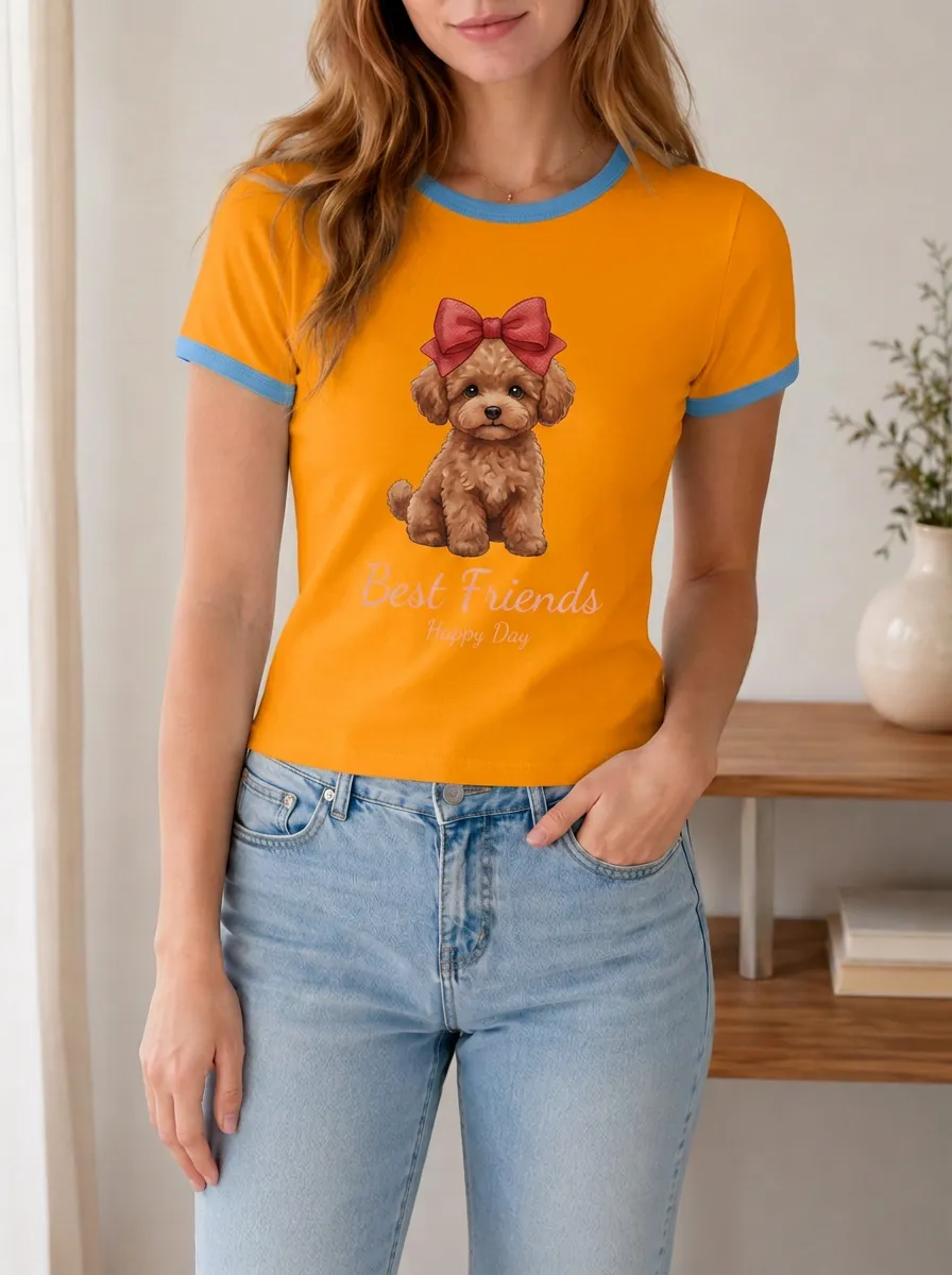 Women's Dog Lover Poodle Bow Printed Ringer T-shirt
