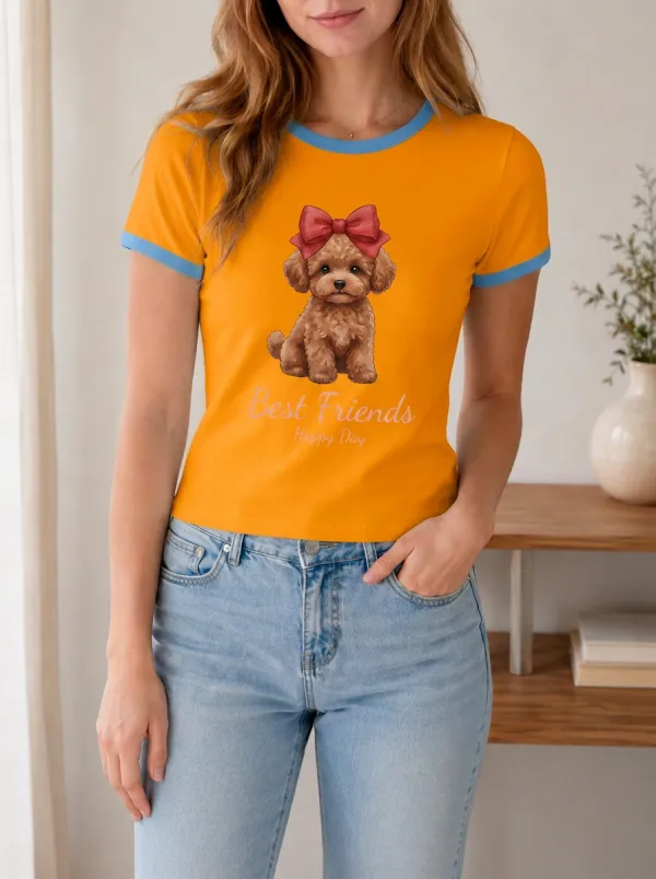 Women's Dog Lover Poodle Bow Printed Ringer T-shirt
