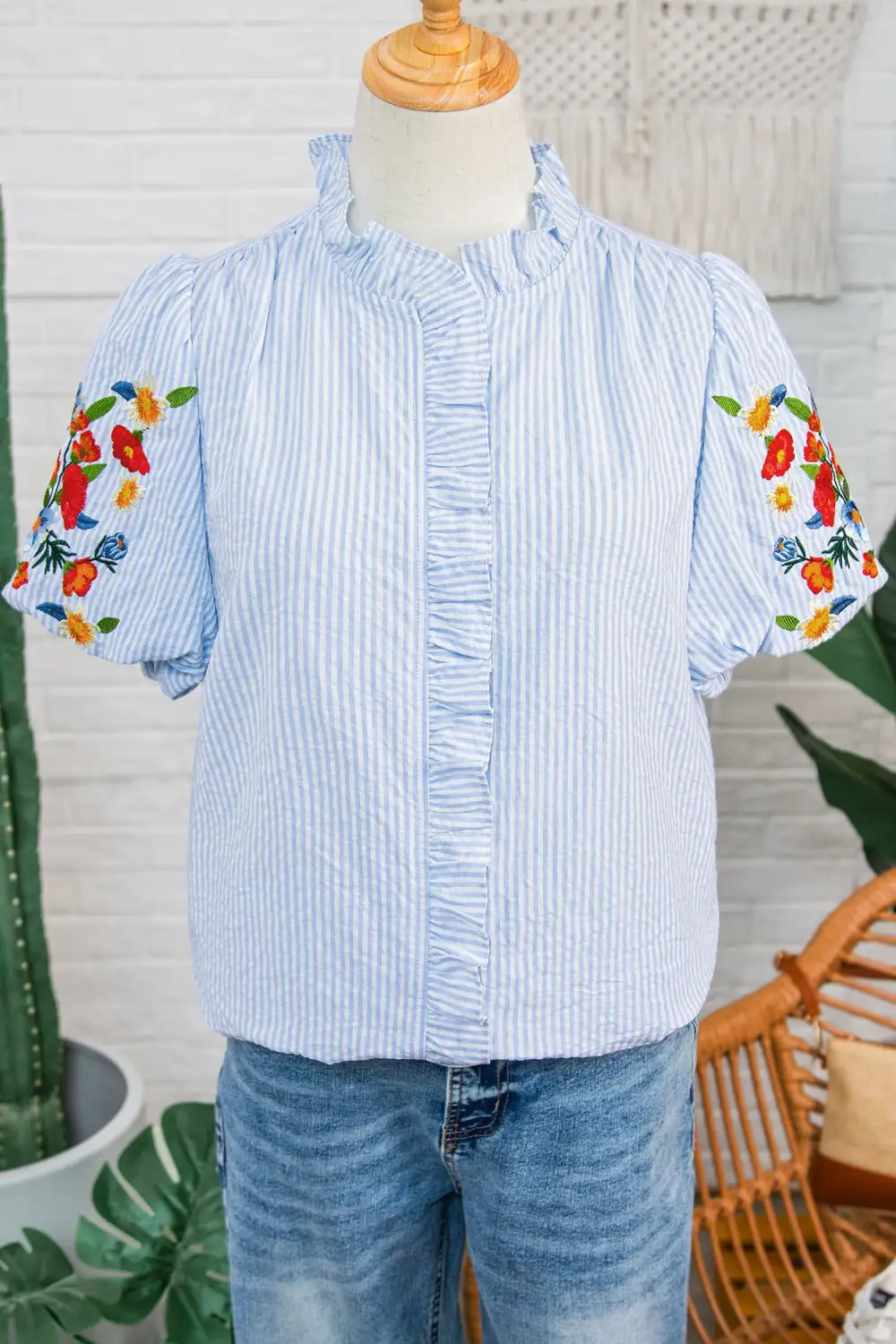Striped Floral Embroidered Shirt Blouse