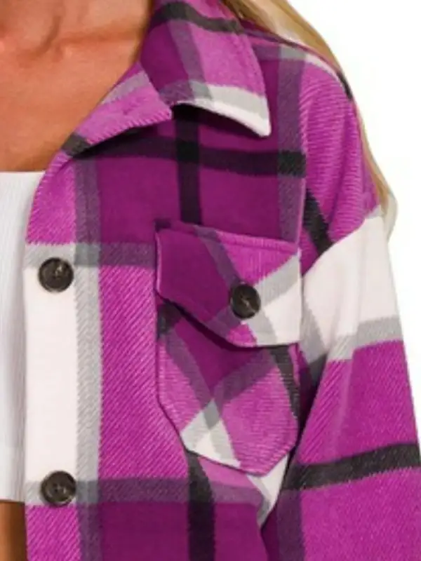 Button-Front Collared Fleece Plaid Jacket