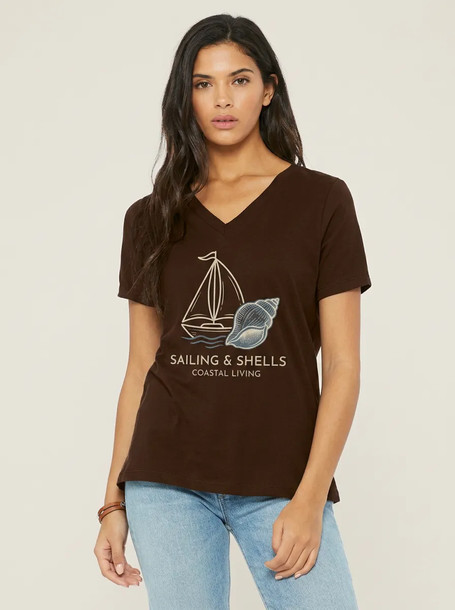 Women's Coastal Living Sailing Shells Printed V-Neck T-Shirt