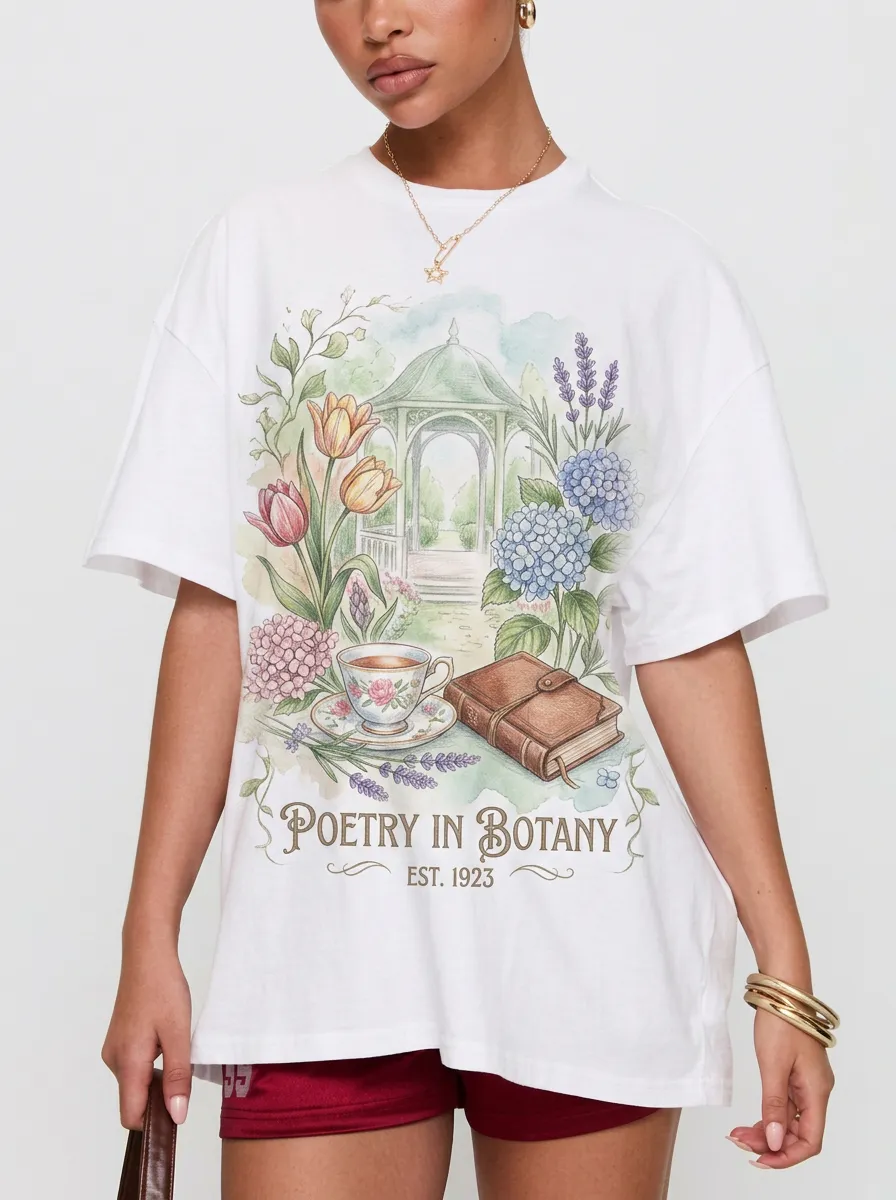 Women's Garden Poetry Botany Floral Tea Book Printed T-shirt