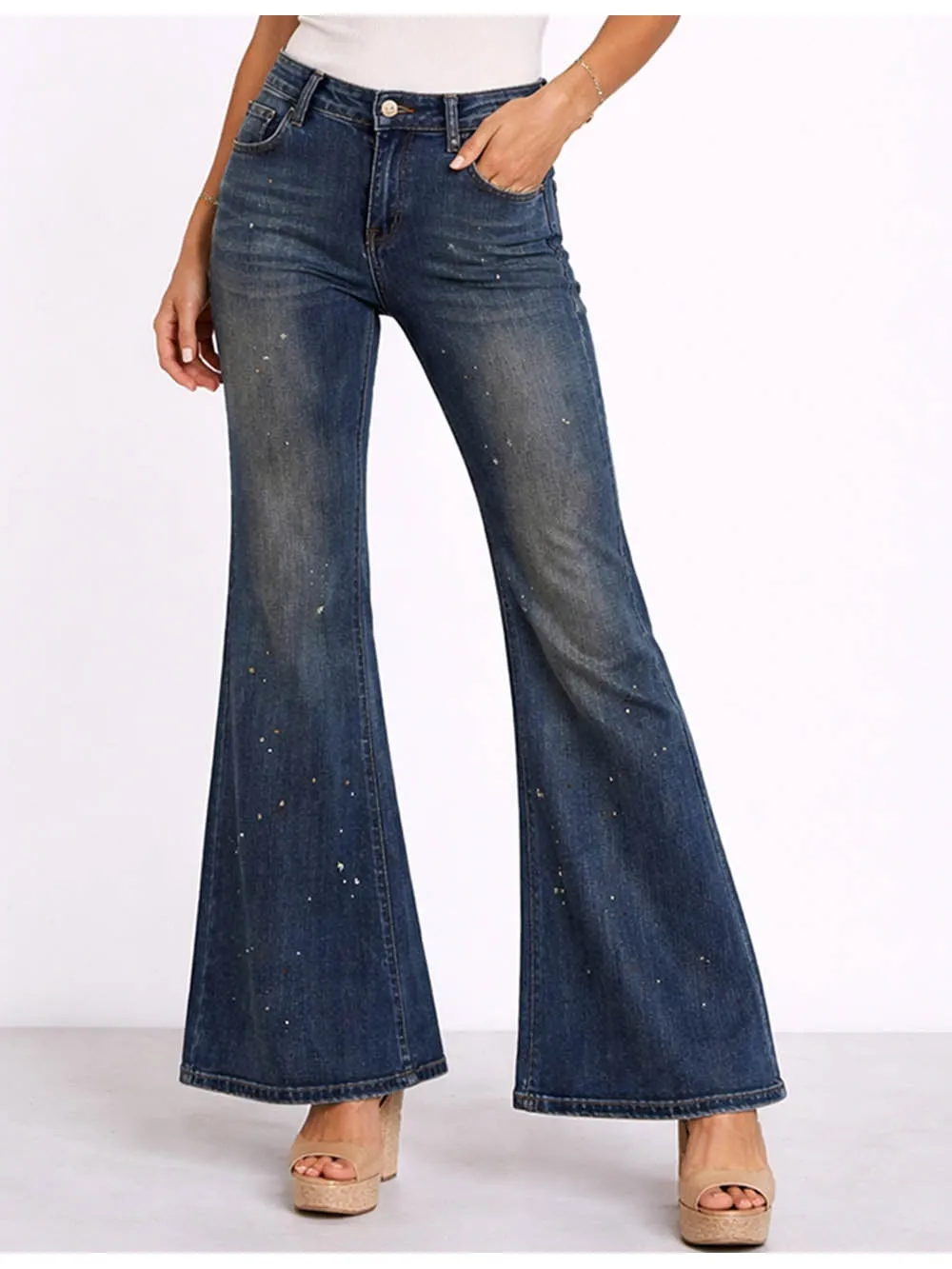 Vintage Star Stud Jeans Flared Leg Denim Pants