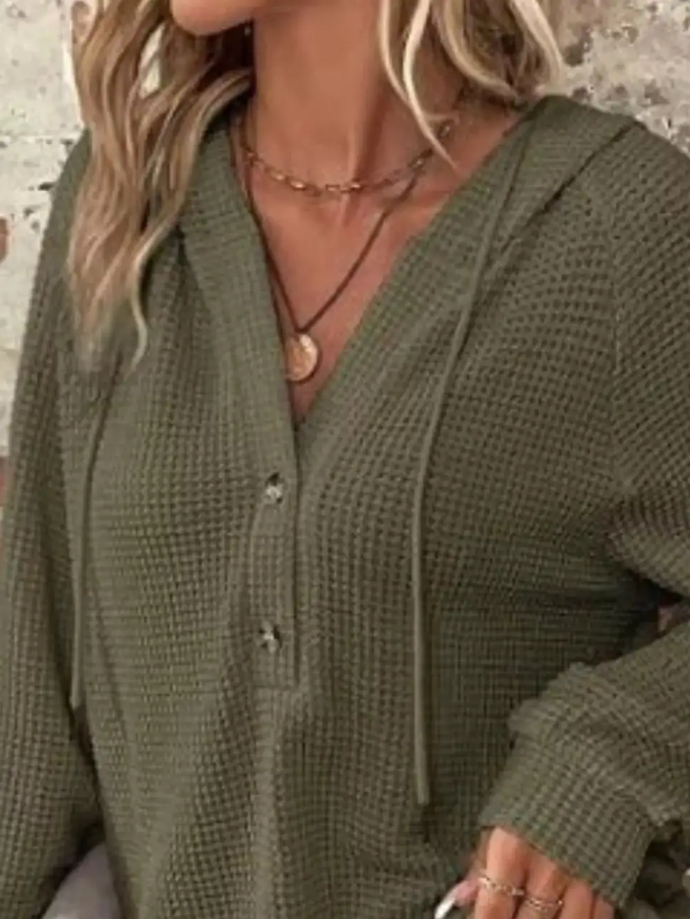 Drawstring Buttoned Pocketed Waffle-Textured Hoodie