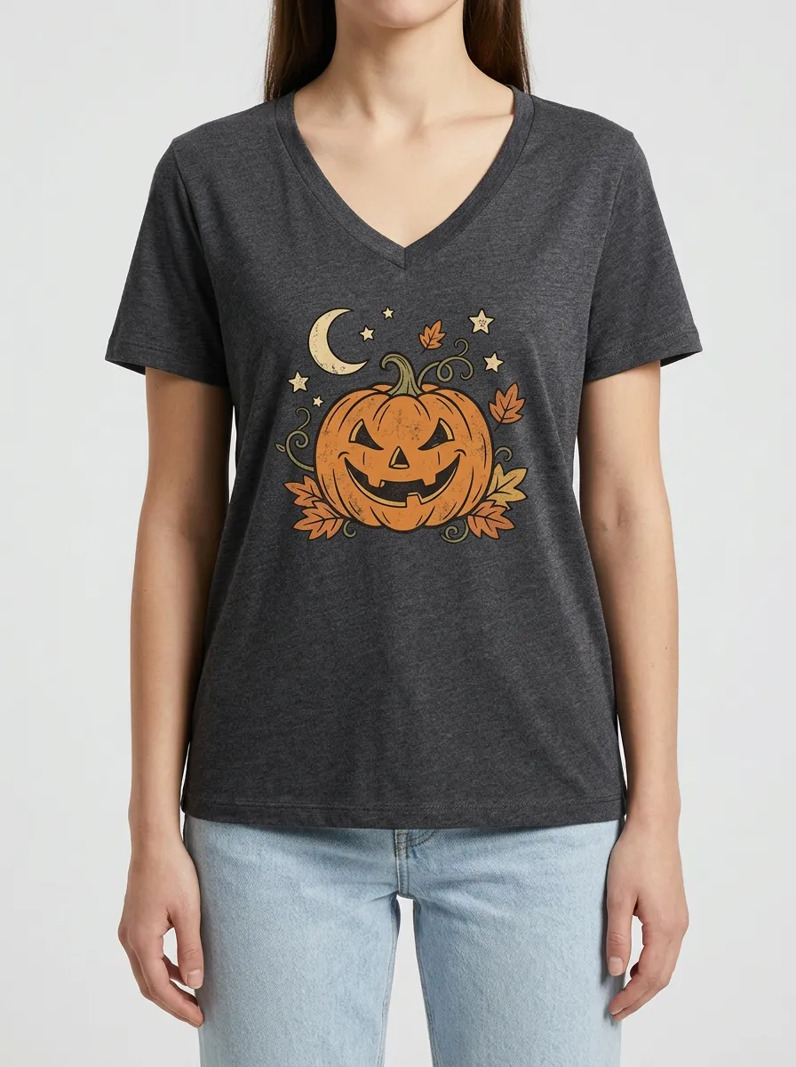 Women's Halloween Pumpkin Moon Leaves Printed V-neck T-shirt