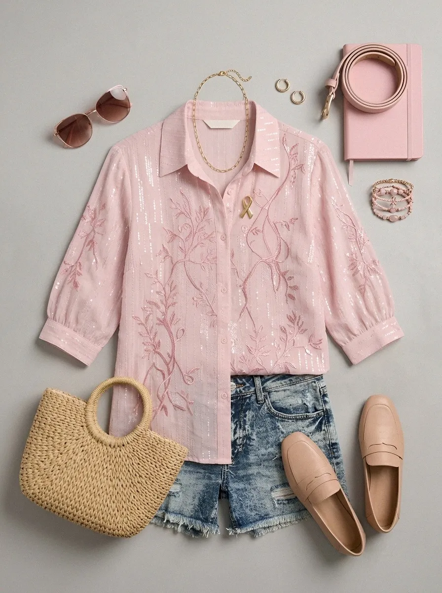 Women's Breast Cancer Awareness Floral Embroidered Printed Shirt