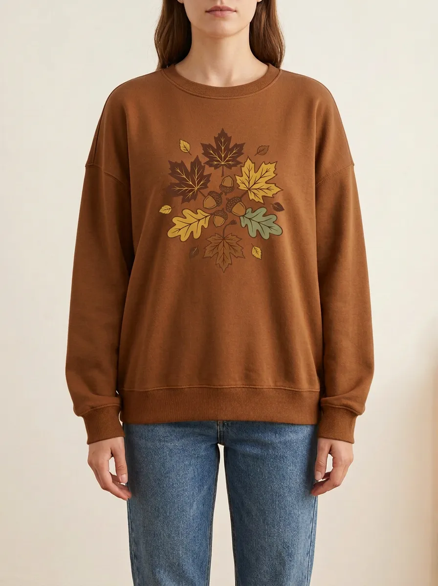 Textured Texture Maple-Leaf Printed Acorn Graphic Sweatshirt