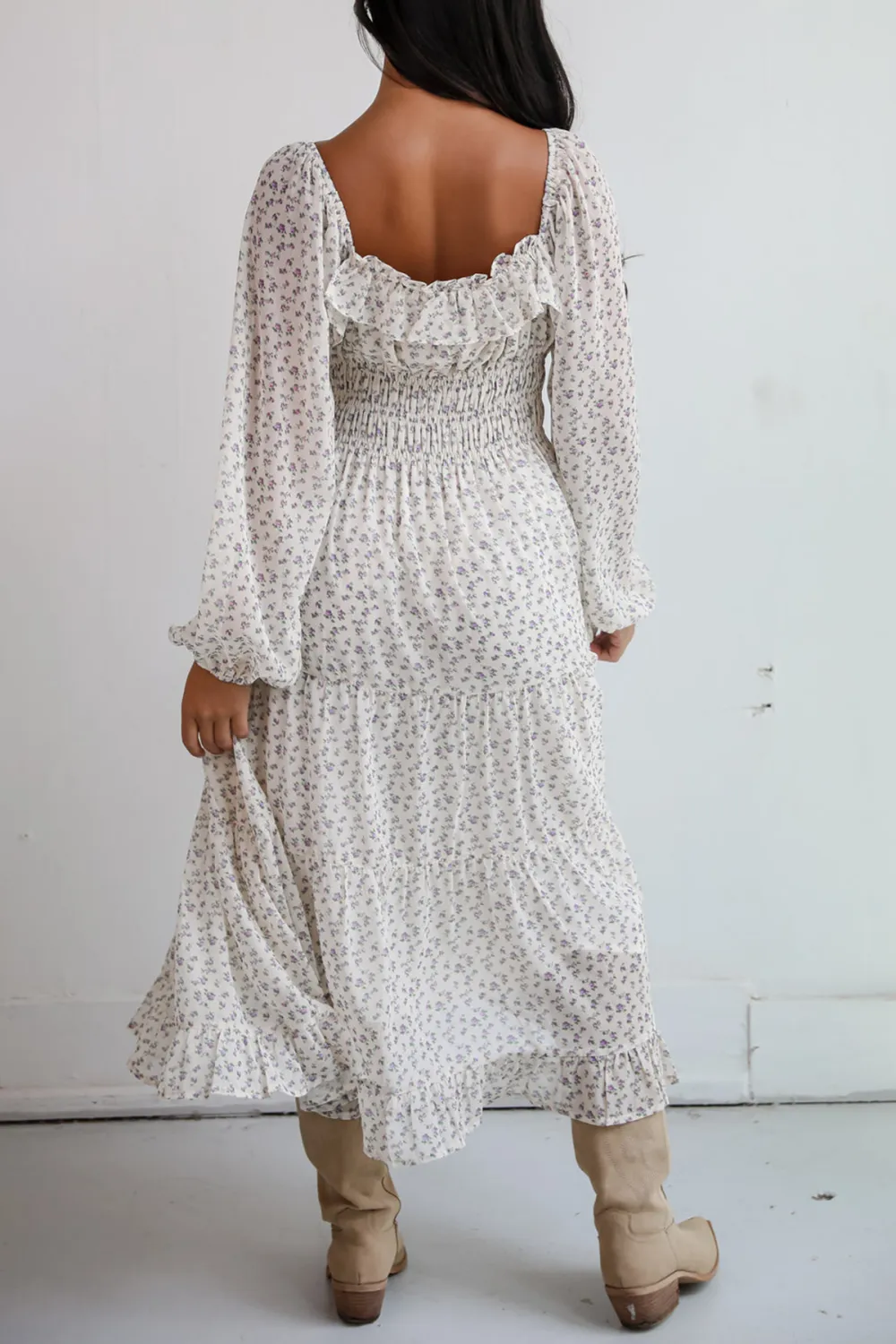 Cream Floral Print Midi Dress