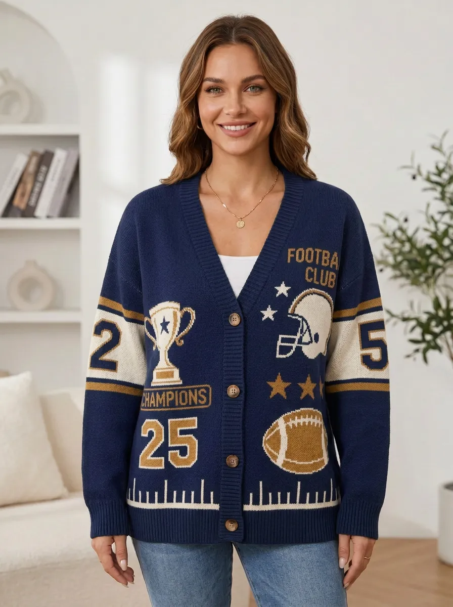 Women's Weekend Helmet Football Trophy Knitted Cardigan