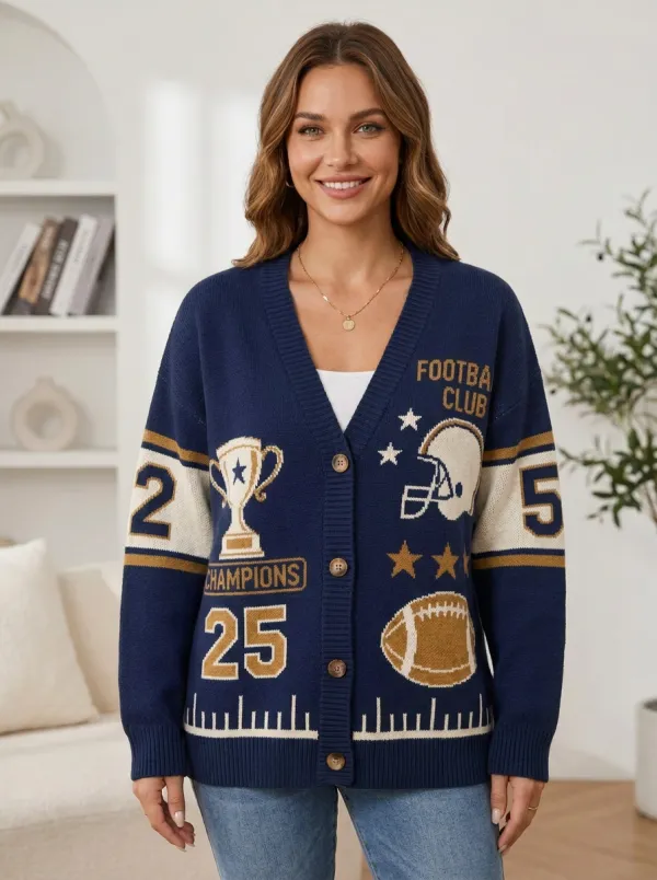 Women's Weekend Helmet Football Trophy Knitted Cardigan