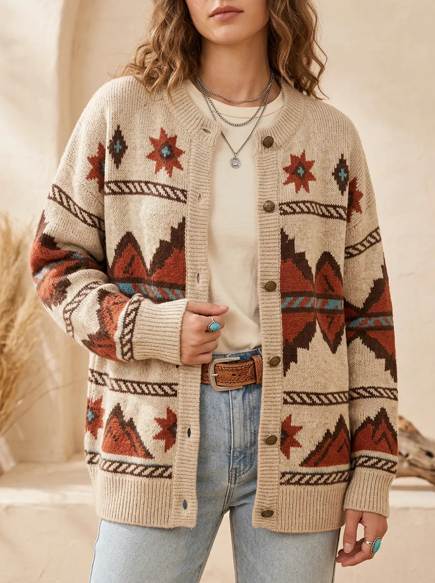 Women's Western Boho Geometric Star Pattern Knitted Cardigan