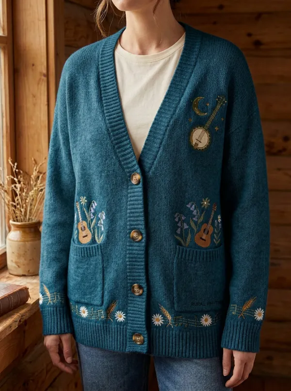 Guitar Banjo Floral Women's Country Music Casual Cardigan