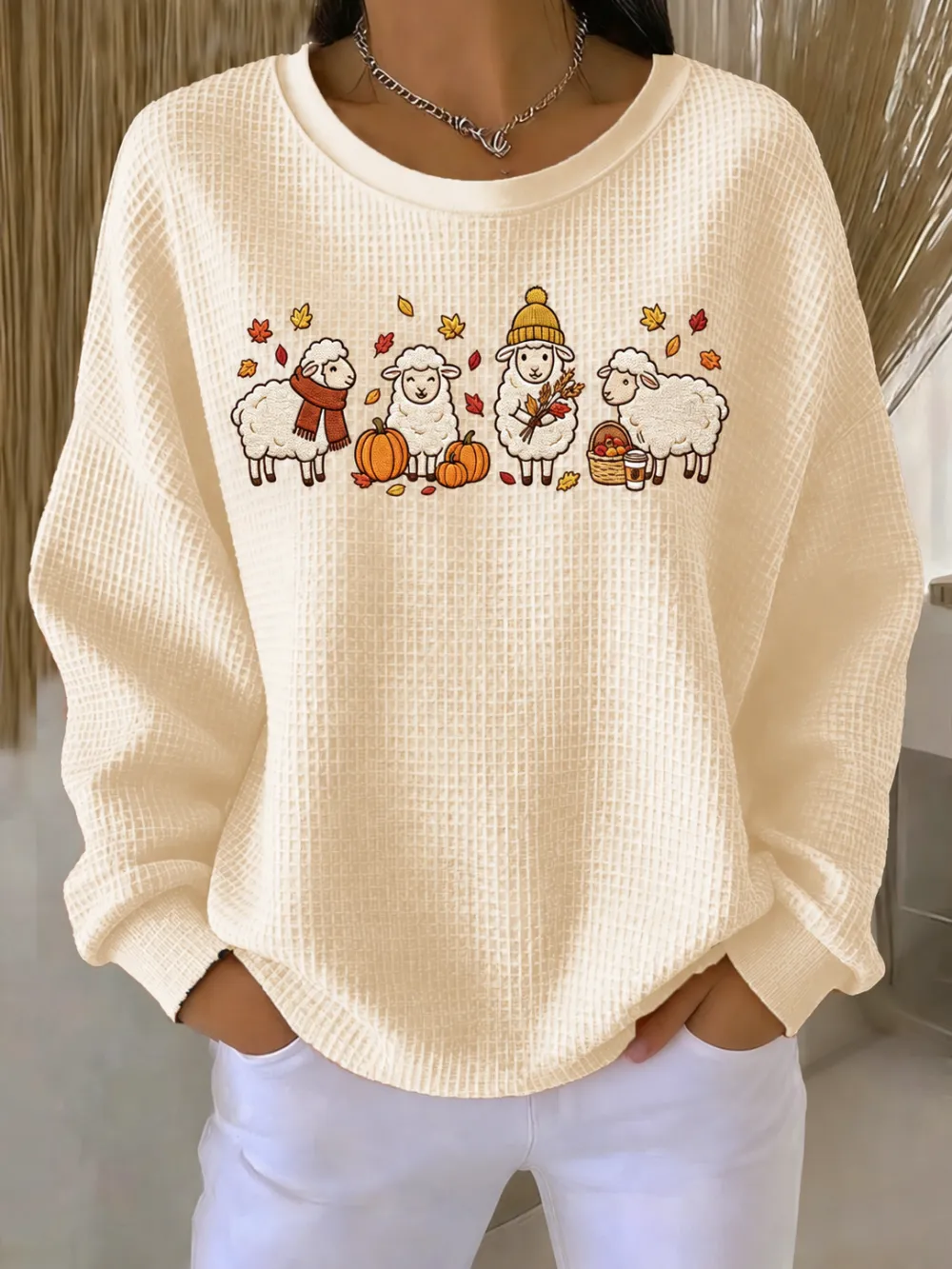 Women'S Autumn Sheep Pumpkin Printed Waffle Casual Sweatshirt