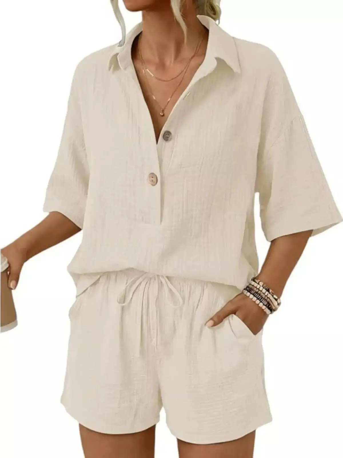 Drawstring Button-Front Linen Top and Shorts Matching Set