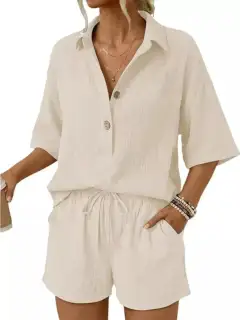Drawstring Button-Front Linen Top and Shorts Matching Set