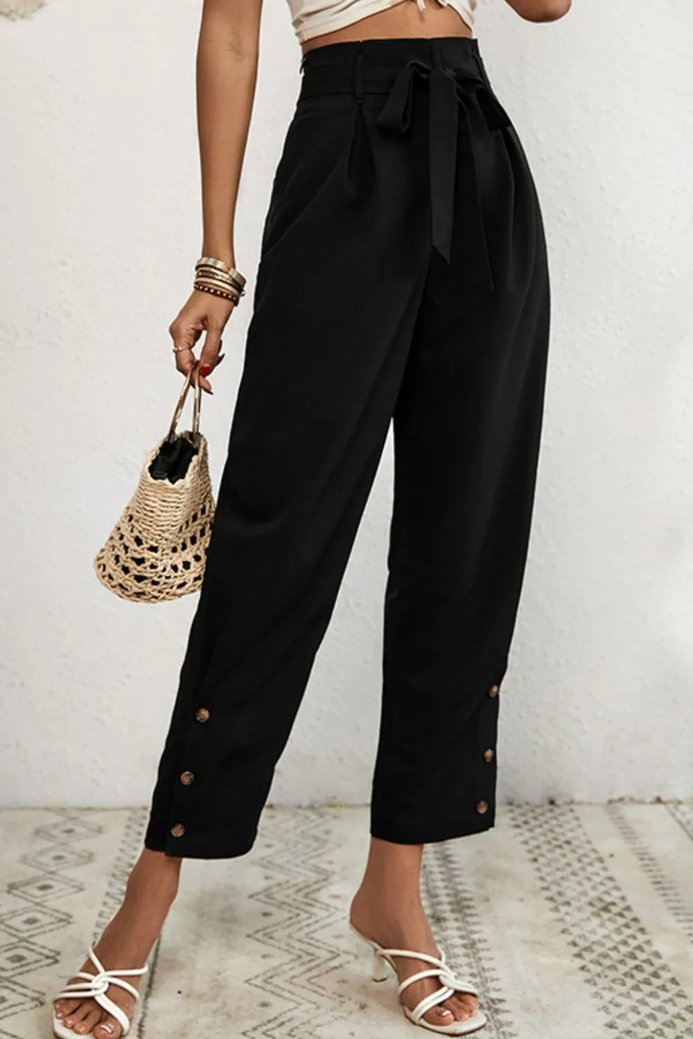 Buttoned Tie Waist Cropped Pants