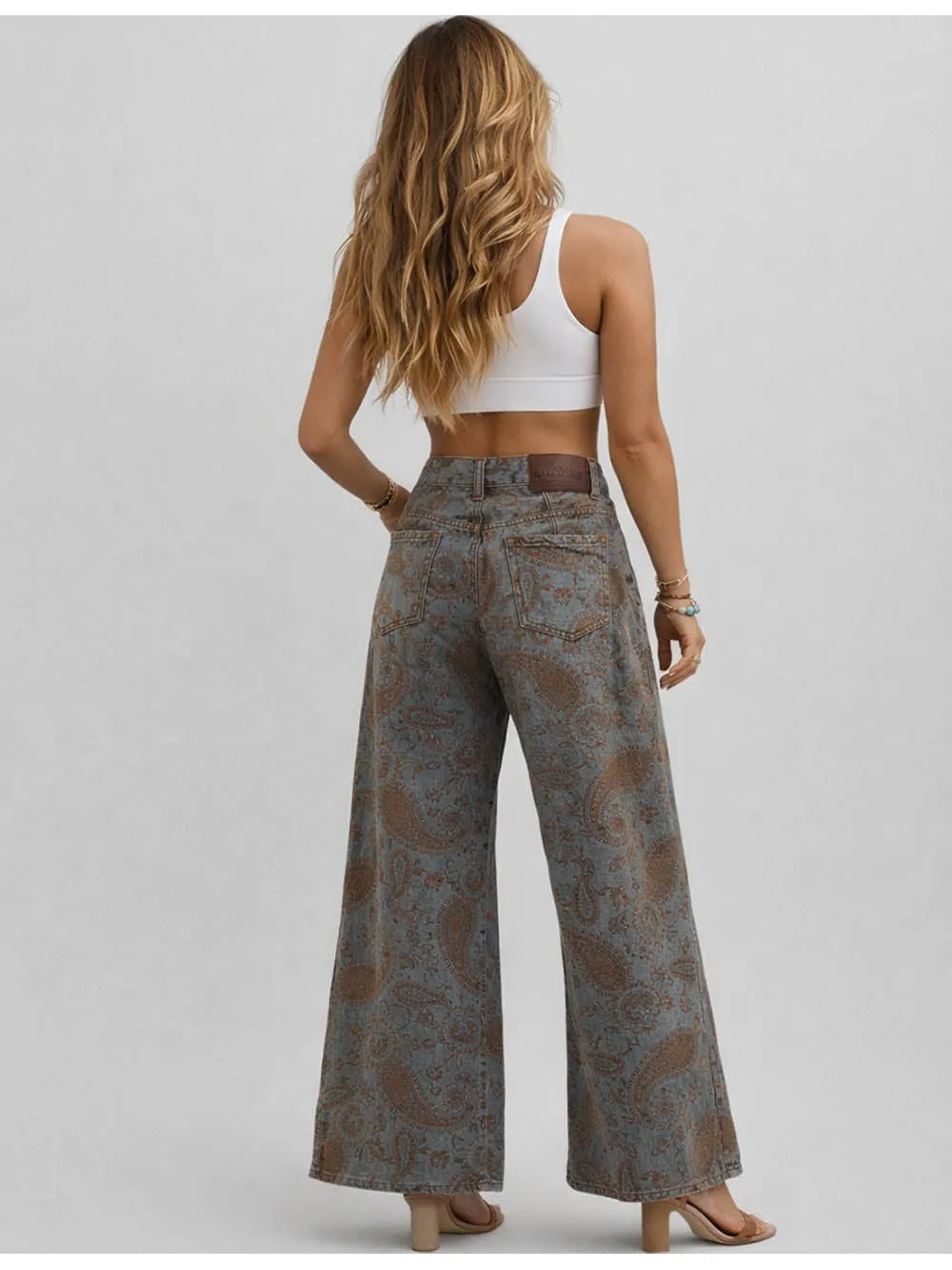 Flocked Paisley Jacquard Button Waist Wide Leg Denim Pants