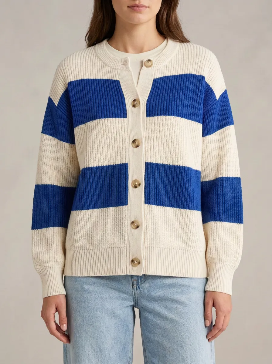 Collegiate Style Distinctive Rugby Striped Knit Cardigan