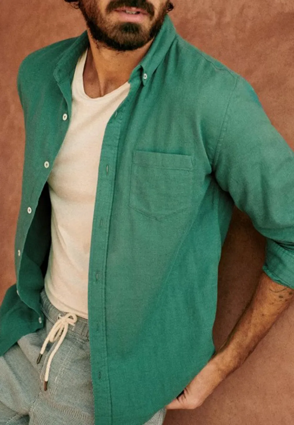Teal Linen Blend Adjustable Cuff Button Down Shirt