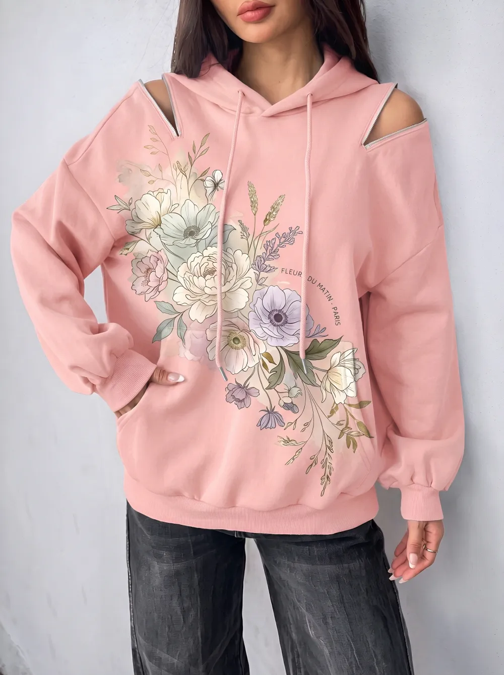 Women's Floral Paris Art Cold Shoulder Printed Hoodie