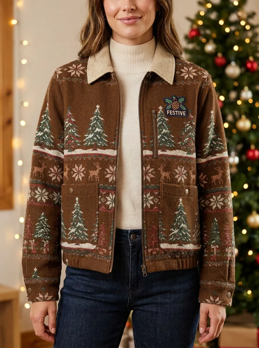 Christmas Holiday Reindeer Tree Pattern Print Jacket