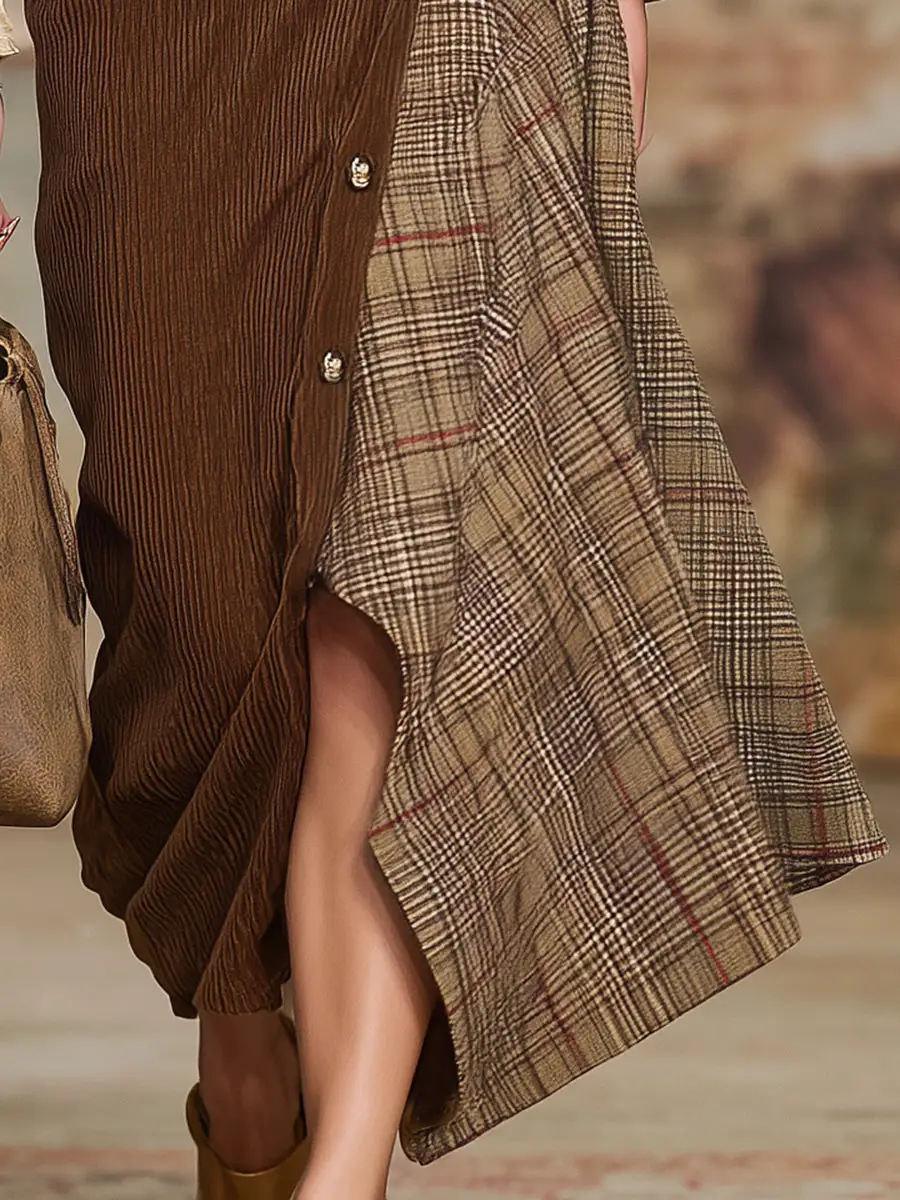 Patchwork Corduroy Plaid Skirt