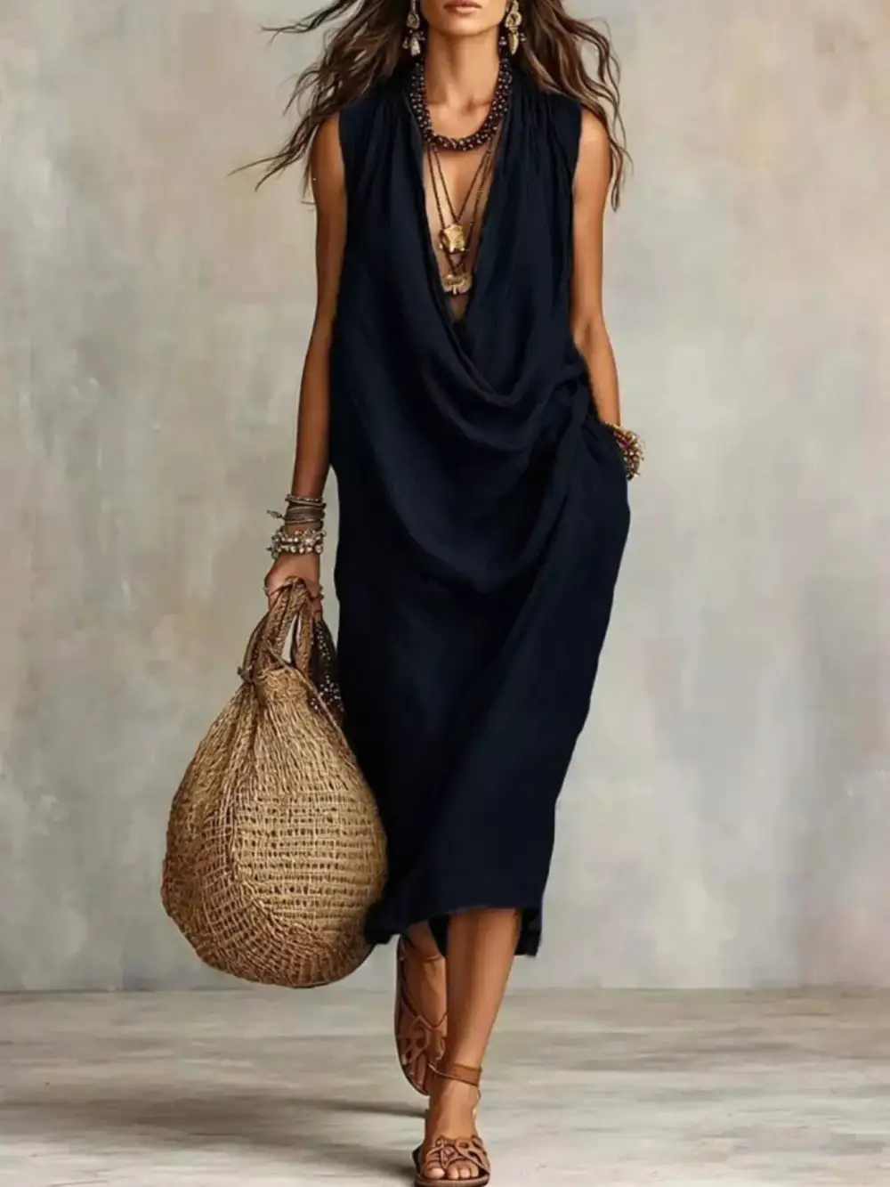 Cowl Neck Sleeveless Midi Dress