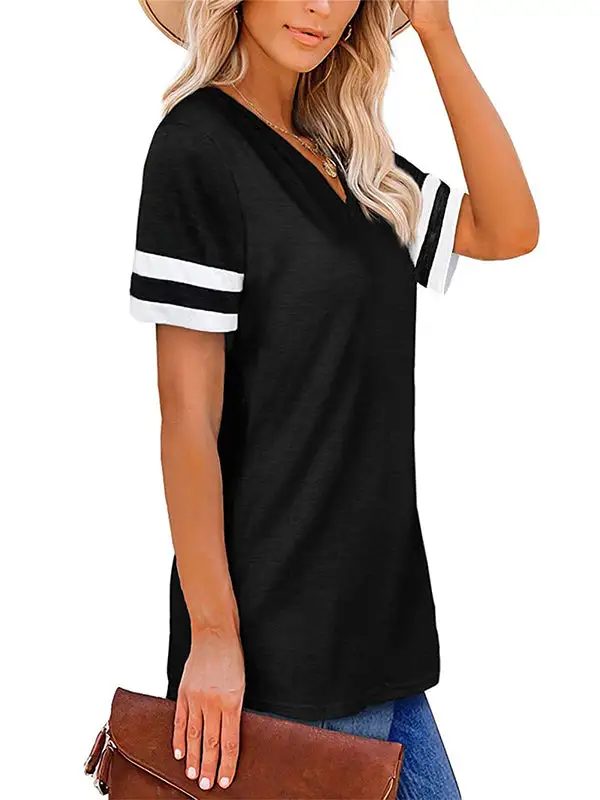 Relaxed Short Sleeve Contrast Stripe V-Neck T-Shirt