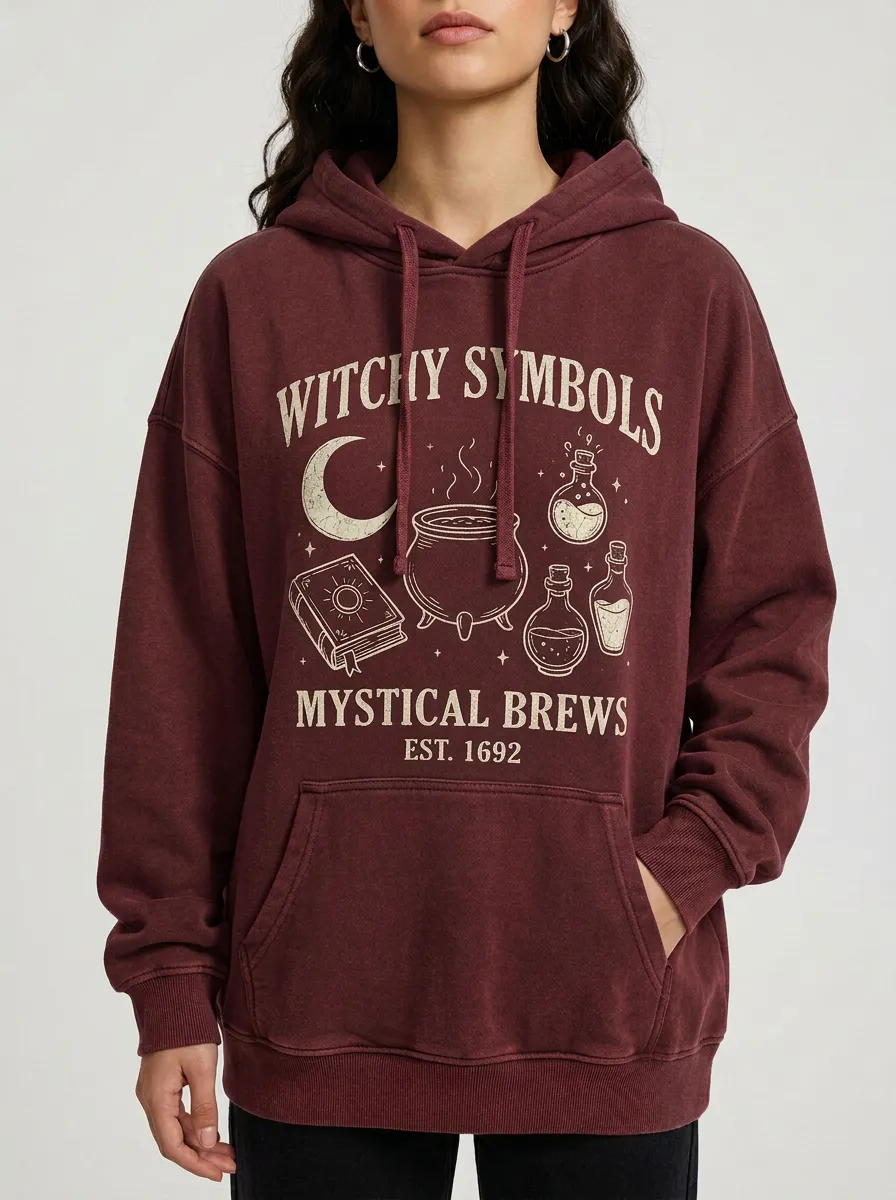 Women's Halloween Witchy Symbols Mystical Brews Printed Hoodie