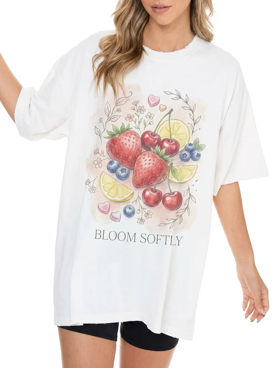 Women's Bloom Softly Fruit Strawberry Cherry Printed T-shirt