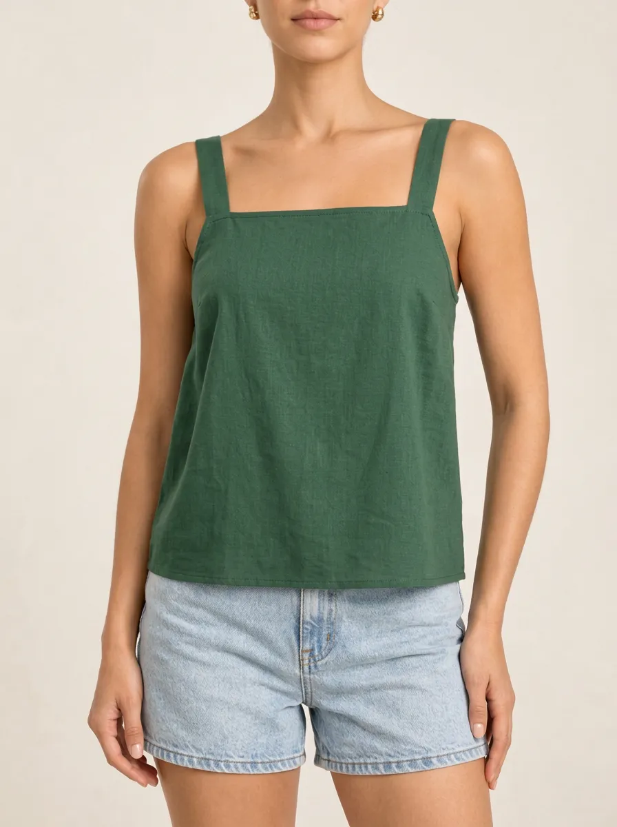 Women's Everyday Layered Square Neck Wide Strap Linen Camisole Top