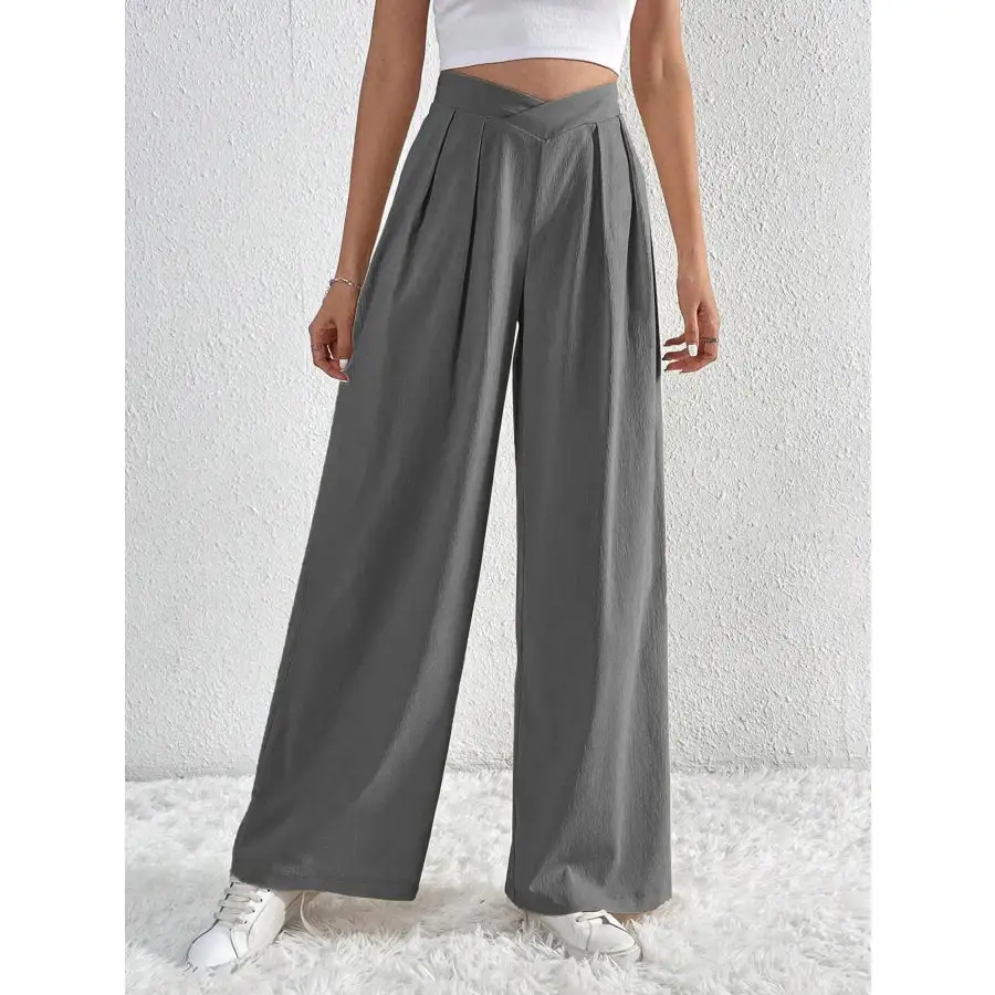 V Waisted Ruched Front Wide Leg Pants