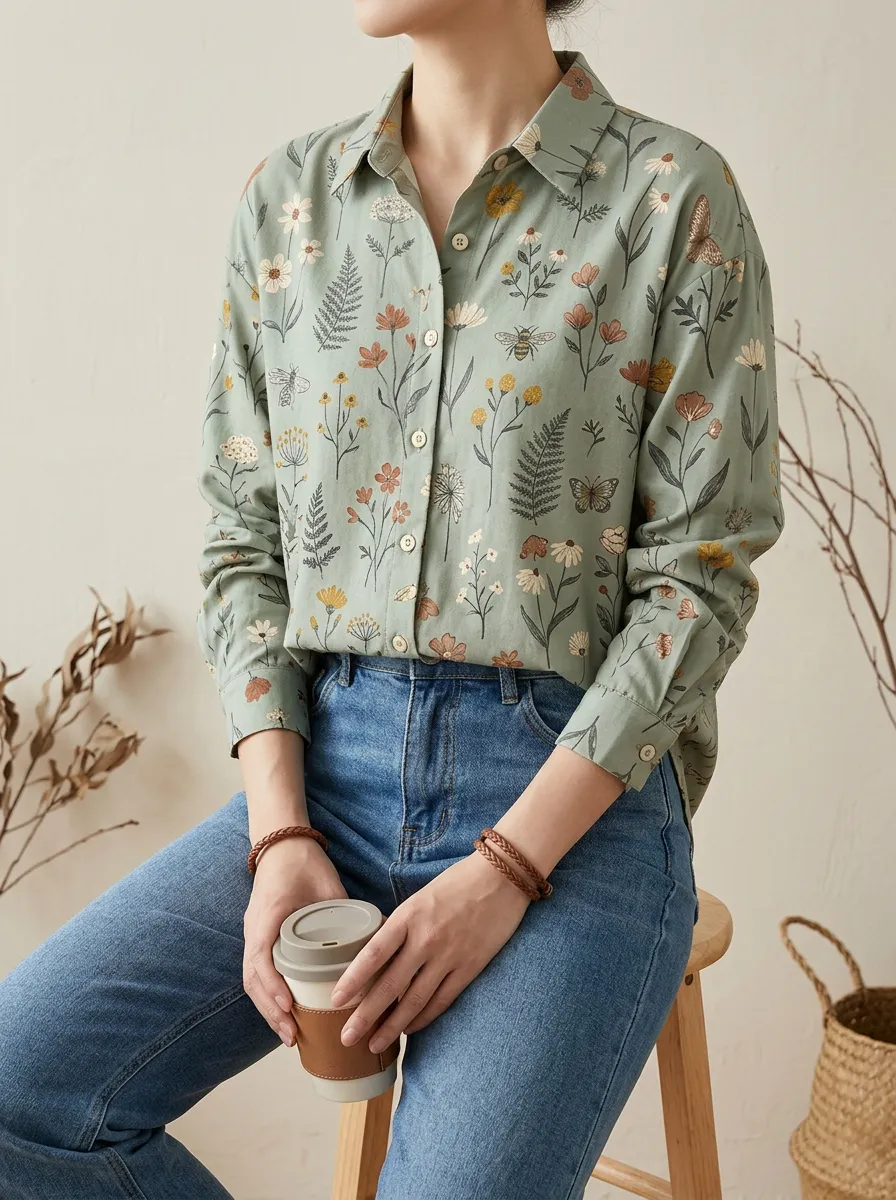Botanical Garden Butterfly Bee Button-Up Shirt