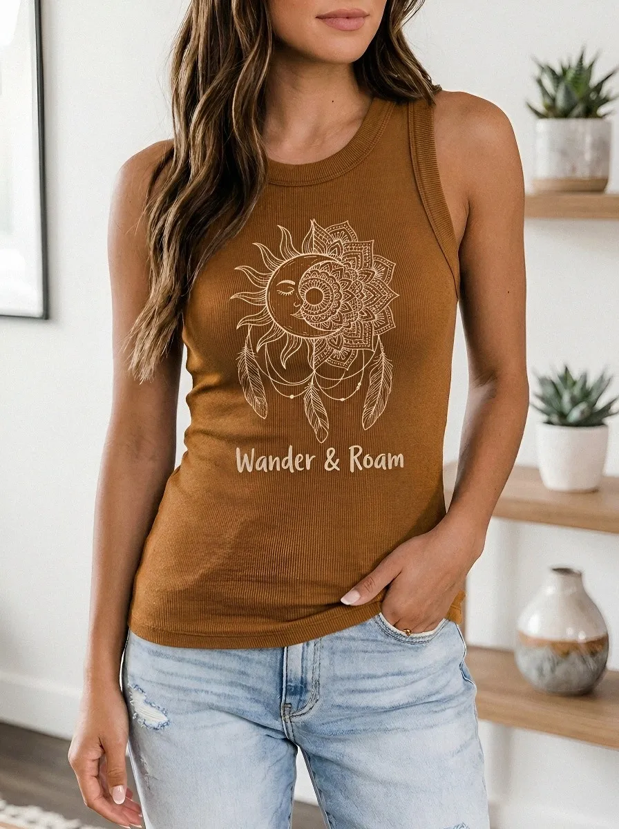 Women's Wander & Roam Celestial Mandala Sun Moon Printed Tank Top