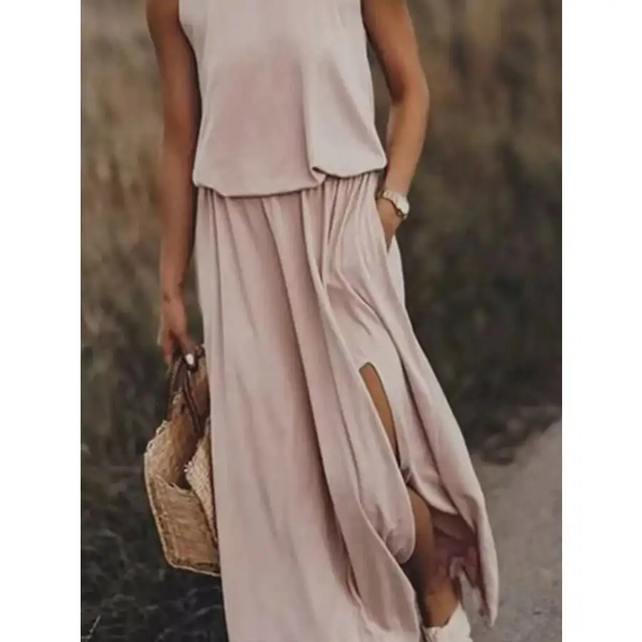 Full Size Round Neck Sleeveless Slit Maxi Dress Plus Size