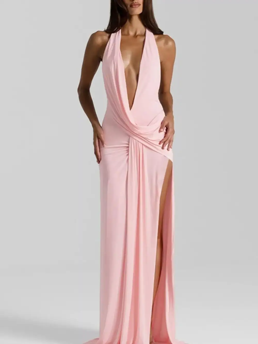 Classic Ruched Halter Maxi Dress