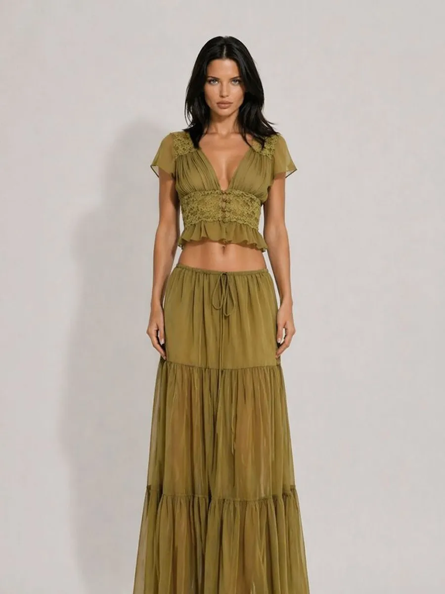 Mariana Mesh & Lace Deep V-Neck Maxi Skirt Set with Ruffles